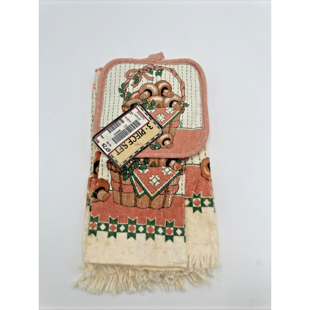 Vintage Mushroom Kitchen Towel Dish Cloth Pot Holder 3 Pc Set Royal Terry Sears